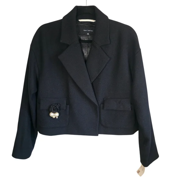 Pink Tartan Cropped Wool Jacket Black Embellished Blazer XS - Picture 1 of 13